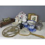 A miscellaneous quantity of items including stoneglazed jug, brass kettle stand, two blackbirds,