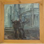 Abstract oil on canvas, Industrial Factory workers, unsigned, 60 by 60cm.