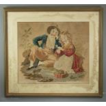 A Victorian gros point tapestry panel depicting a girl and boy with flowers 51 by 58cm.