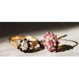 A 9ct gold and pink ruby ring, size Q, 2.2g, together with a 9ct gold flowerhead ring engraved