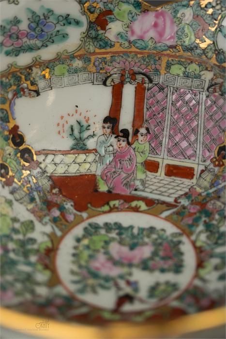 A 20th century Chinese bowl on stand and a similar bowl with shaped rim, both enamelled with figural - Image 2 of 3