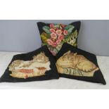 Three needlework cushion covers; one floral, one depicting a spaniel in a basket and another