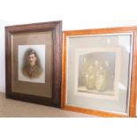 A framed tinted photographic portrait of WWI Scottish officer and large maple framed photograph.