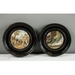 Two ceramic pot lids; The Village Wedding, Teniers Piax group depicting a cat with fish and lobster,