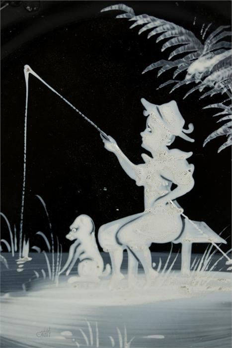 A pair of Mary Gregory style glass plates, hand painted in white enamel to depict a boy fishing - Image 18 of 45