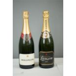 Two bottles of Champagne: Lanson Black Label and Bollinger Special Curvee, both unopened.