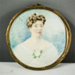 A miniature portrait; head and shoulder portrait of a woman wearing a white shawl with rose, 10 cm
