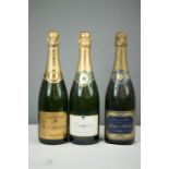 Three bottles of Champagne, Carpentier, Oudinot, and Jacques Monteau, unopened.