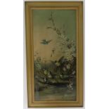 A pair of oil on canvas depicting birds amidst flowers, initialled B.L.W. and dated 7/8/87, 52 by