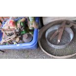 A quantity of tools including lawn edging shears, skates, assorted cans, a brace, blow torch and