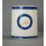 A 19th century stoneglazed blue and white mug with overlapped handle, and initials JJJ within