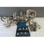 A quantity of silver plate to include a tea pot, basket, tea set comprising, tea pot, milk jug,