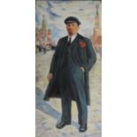 A Russian oil on board depicting full length portrait of Vladimir Lenin, with Cyrillic inscription