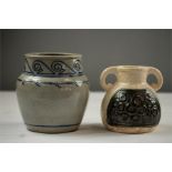 A Denby Danesby Art Pottery stoneglazed vase, and a twin handled studio pottery jar. (2)