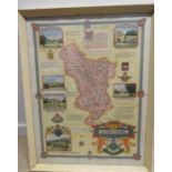 A WWII period map of Derbyshire in colour with badges of the Womens Land Army, Nottingham & Derby