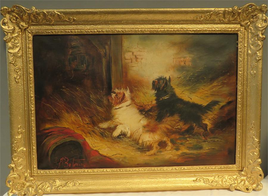 G. Bateman, terriers ratting, oil on canvas. - Image 2 of 2