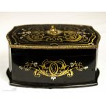 A 19th century black lacquered boulework box, with protruding gilt metal portrait, and mother of