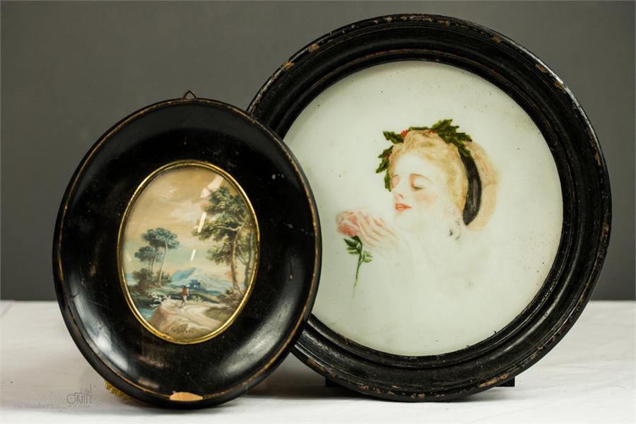 A 19th century miniature landscape, oil on porcelain, signed indistinctly, 9cm by 7cm, together with