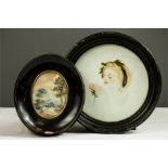 A 19th century miniature landscape, oil on porcelain, signed indistinctly, 9cm by 7cm, together with