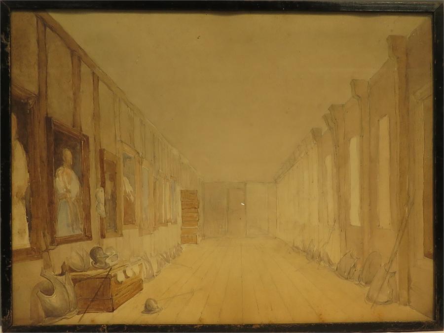 A 19th century watercolour depicting a hallway of armour, 33 by 44cm.