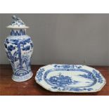 A 19th century Chinese blue and white plate and vase.