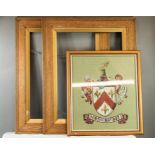 A large quantity of pictures: two Arts & Crafts oak frames, crest embroidery Virtus Maturet, The