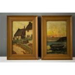 Two oil paintings, one depicting a cottage and the other a boat at sunset.