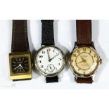 Three wristwatches: Ingersol with leather strap, a 1930s Arabic dial watch, and a Sicura Incabloc.