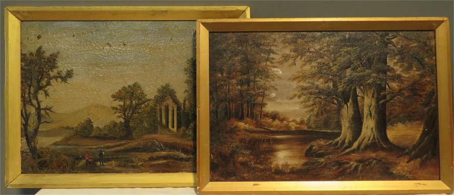 W. Gleen, moonlit woodland landscape, oil on canvas, 29 by 44cm, together with an oil on canvas