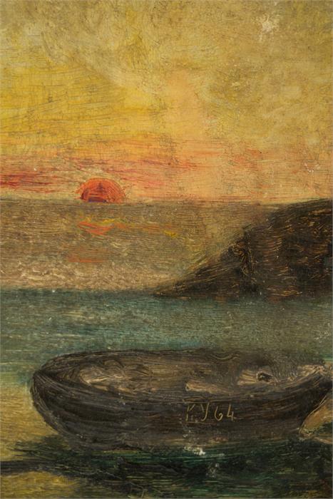 Two oil paintings, one depicting a cottage and the other a boat at sunset. - Image 3 of 3