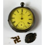 A Waltham silver pocket watch, together with a 9ct gold Buddhist pendant, and a silver tag.