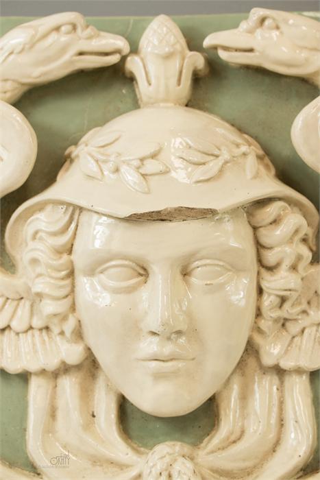 A large Minton style relief moulded plaque depicting the Greek messenger god Hermes with two - Image 2 of 4