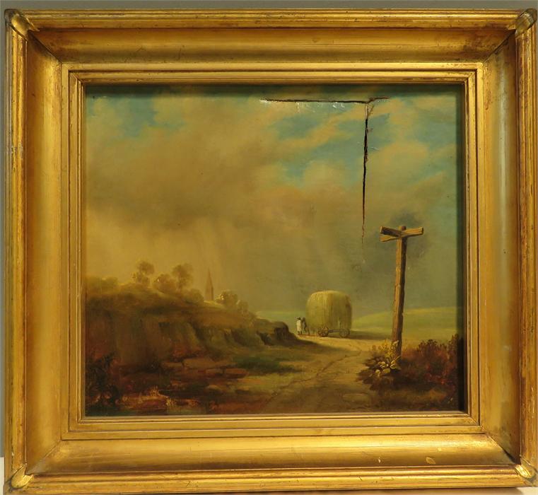 A 19th century oil on canvas, unsigned, hay cart in landscape.