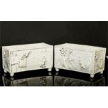 A pair of Victorian Sowerby white pressed glass miniature troughs, depicting narrative scenes.