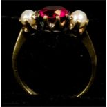 An 18ct gold, synthetic ruby and pearl ring, circa 1900, size O, 3.3g. *CATALOGUE AMENDMENT*