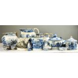 A quantity of 19th century blue and white transfer printed ware including plate warmer, Trade jug