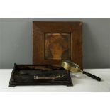 A miscellaneous lot to include wooden portrait of lady signed BLW, ebonised tray with letter G,