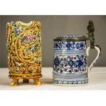 A Souroux, Rue de la Roquette, Paris blue and white tankard with pewter cover and knome form thumb