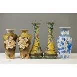 Two pairs of Chinese vases, and a modern baluster vase.
