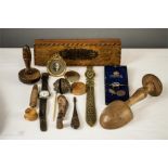 A bag of curios to include miniature gilt frame, beech pill box, Franklands wristwatch, ornate brass