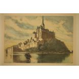 A signed hand coloured etching depicting St Michel, an Edwardian watercolour and a hand painted