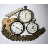 A Swiss pocket watch, a mother of pearl pen knife, two further pocket watches and a Roma coin