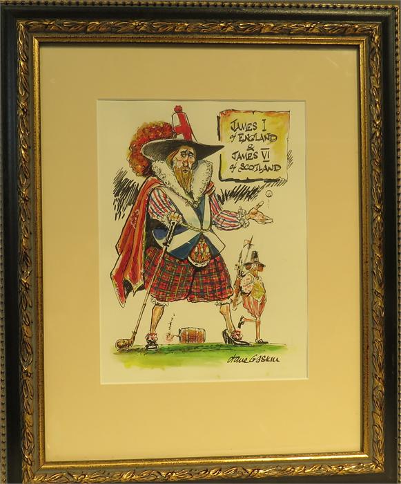 Dave Gaskill (20th century Cartoonist): James I of England and James VI of Scotland, cartoon,