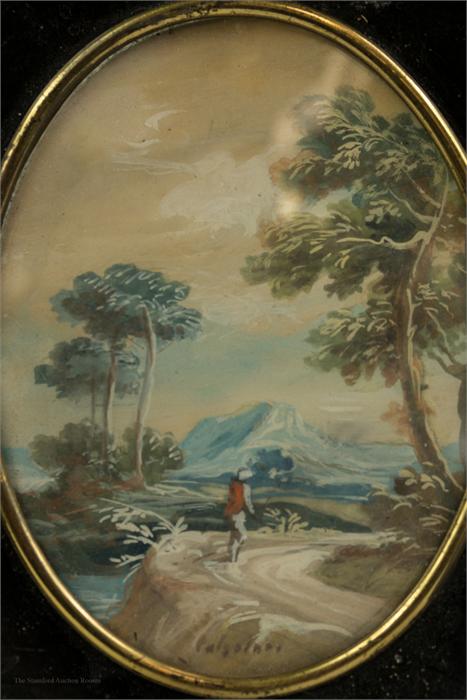 A 19th century miniature landscape, oil on porcelain, signed indistinctly, 9cm by 7cm, together with - Image 2 of 2