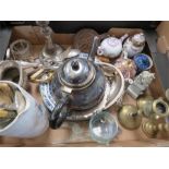 A miscellaneous group of items to include miniature tea pots, treen butter press, silver plated