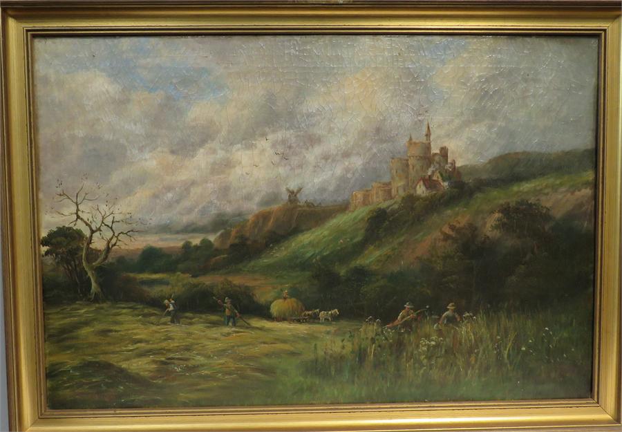 A 19th century oil on canvas, with castle to the background and figures to the fore, signed lower