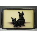 A retro glass tray with chromed handles depicting two Scottie dogs circa 1950.