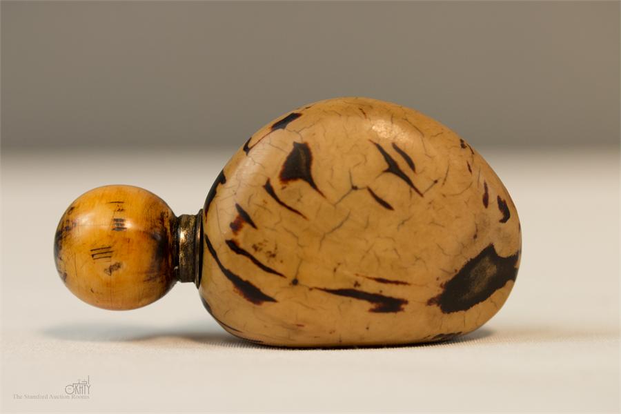 A Chinese carved bottle, polished nut bearing an inlaid coral tag engraved with calligraphy, and a - Image 2 of 2