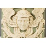 A large Minton style relief moulded plaque depicting the Greek messenger god Hermes with two