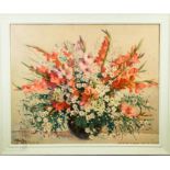 C Heu Ruy (20th century): still life of flowers in a vase, oil on board, signed lower left.